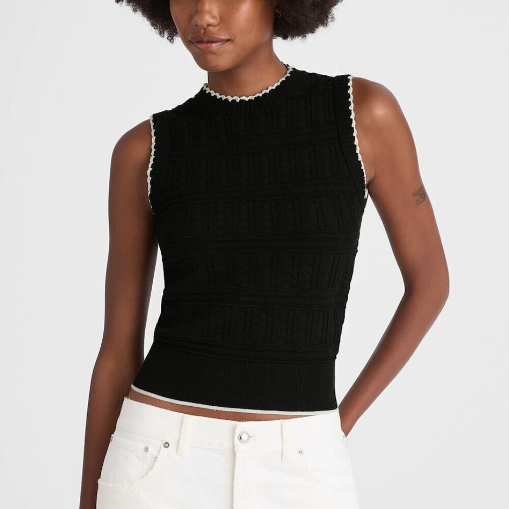 Madewell Mixed Pointelle-Stitch Sleeveless Sweater Black White Trim Size M NWT